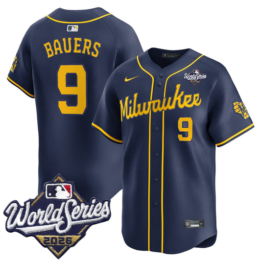 Men's Milwaukee Brewers 2026 World Series Vapor Premier Limited Jersey V2 - All Stitched - Navy - Jake Bauers