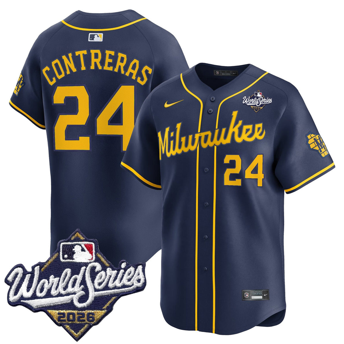 Men's Milwaukee Brewers 2026 World Series Vapor Premier Limited Jersey V2 - All Stitched - Navy - William Contreras