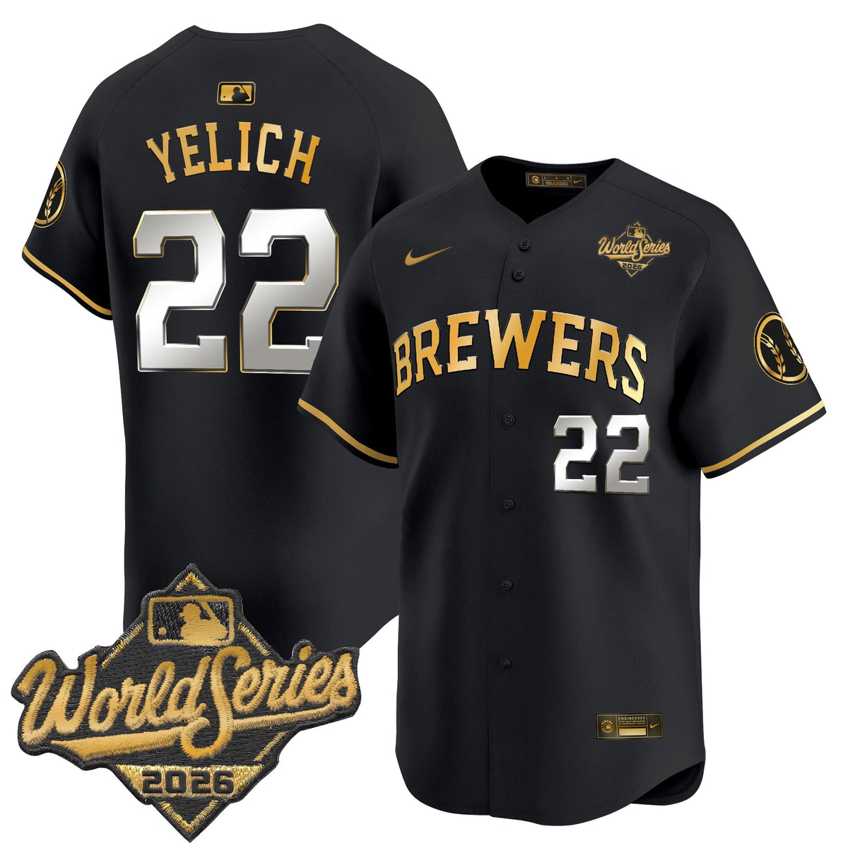Men's Milwaukee Brewers 2026 World Series Vapor Premier Limited Jersey V2 - All Stitched - Black Gold - Christian Yelich