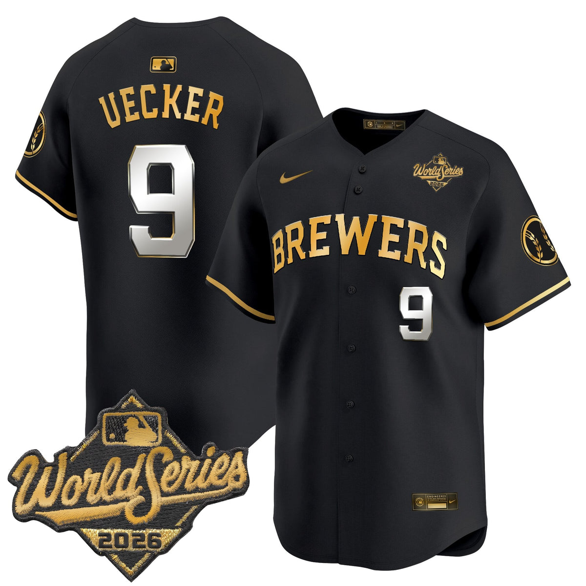 Men's Milwaukee Brewers 2026 World Series Vapor Premier Limited Jersey V2 - All Stitched - Black Gold - Bob Uecker