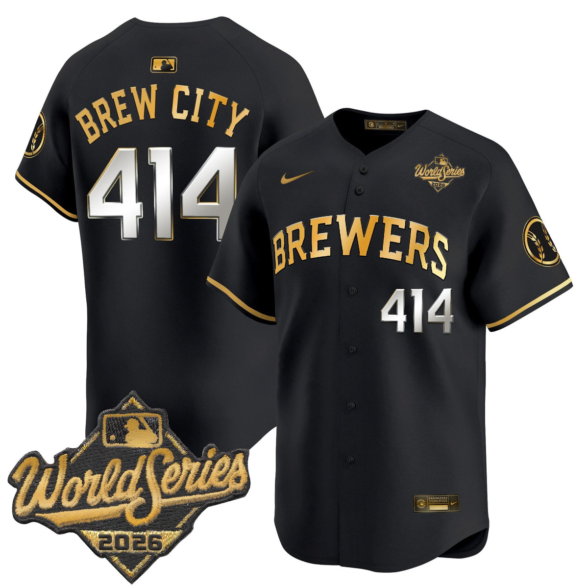 Men's Milwaukee Brewers 2026 World Series Vapor Premier Limited Jersey V2 - All Stitched - Black Gold - Brew City 414