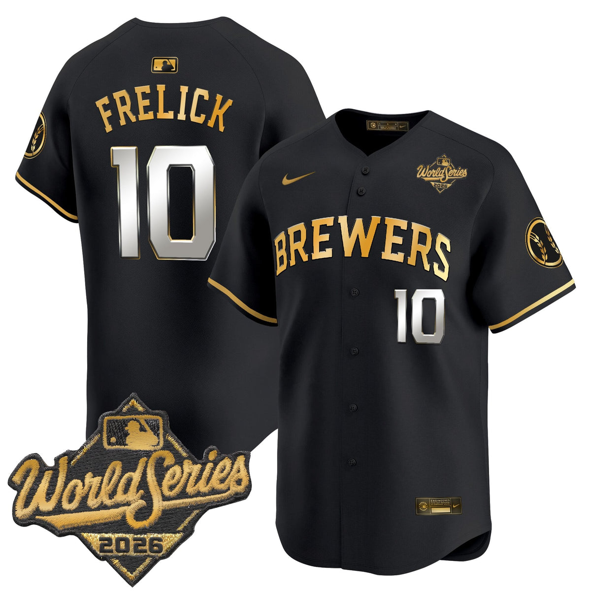Men's Milwaukee Brewers 2026 World Series Vapor Premier Limited Jersey V2 - All Stitched - Black Gold - Sal Frelick