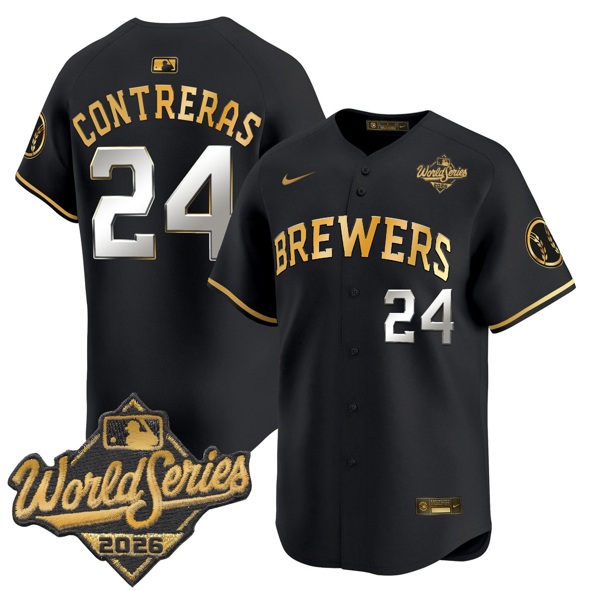 Men's Milwaukee Brewers 2026 World Series Vapor Premier Limited Jersey V2 - All Stitched - Black Gold - William Contreras