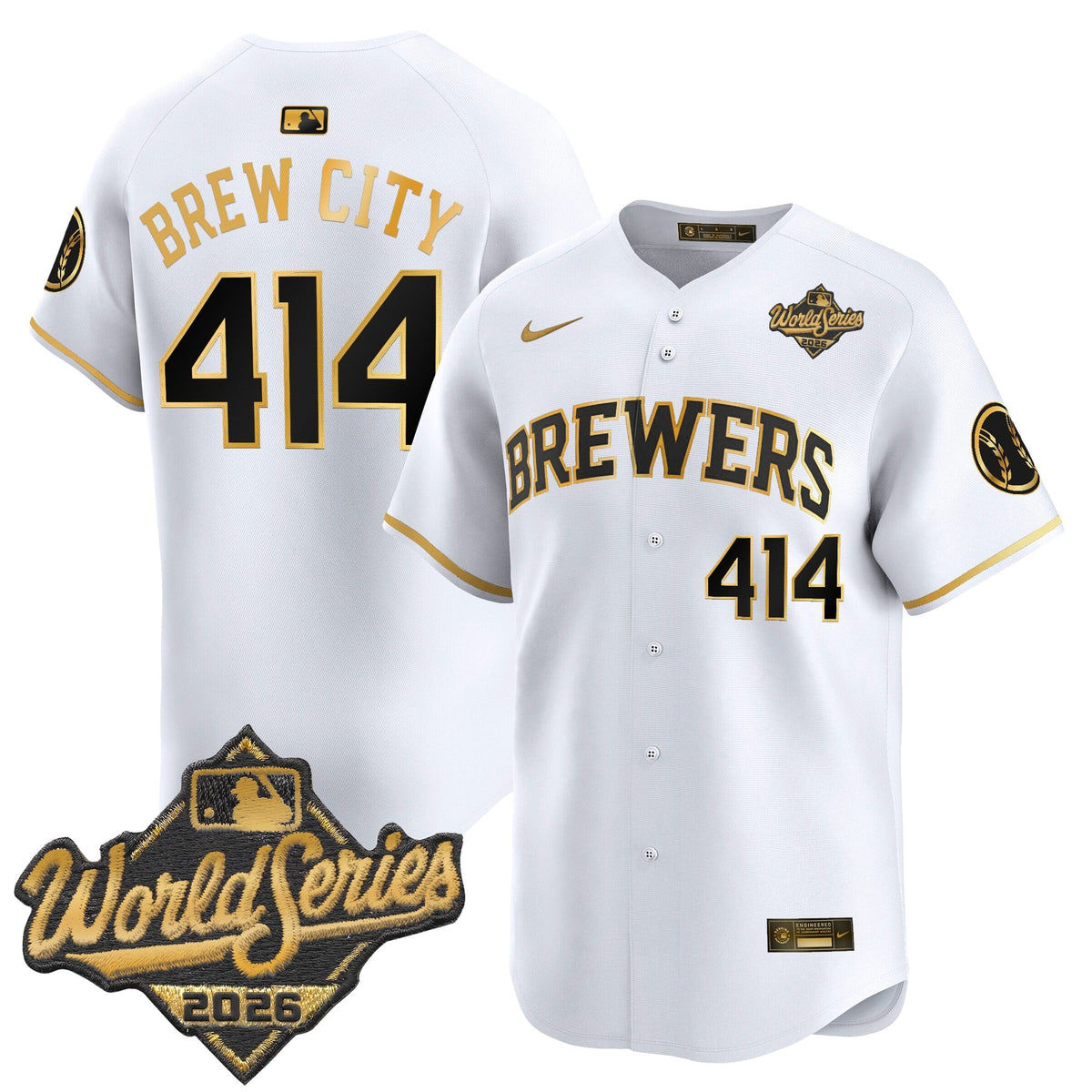 Men's Milwaukee Brewers 2026 World Series Vapor Premier Limited Jersey V2 - All Stitched - White Gold - Brew City 414