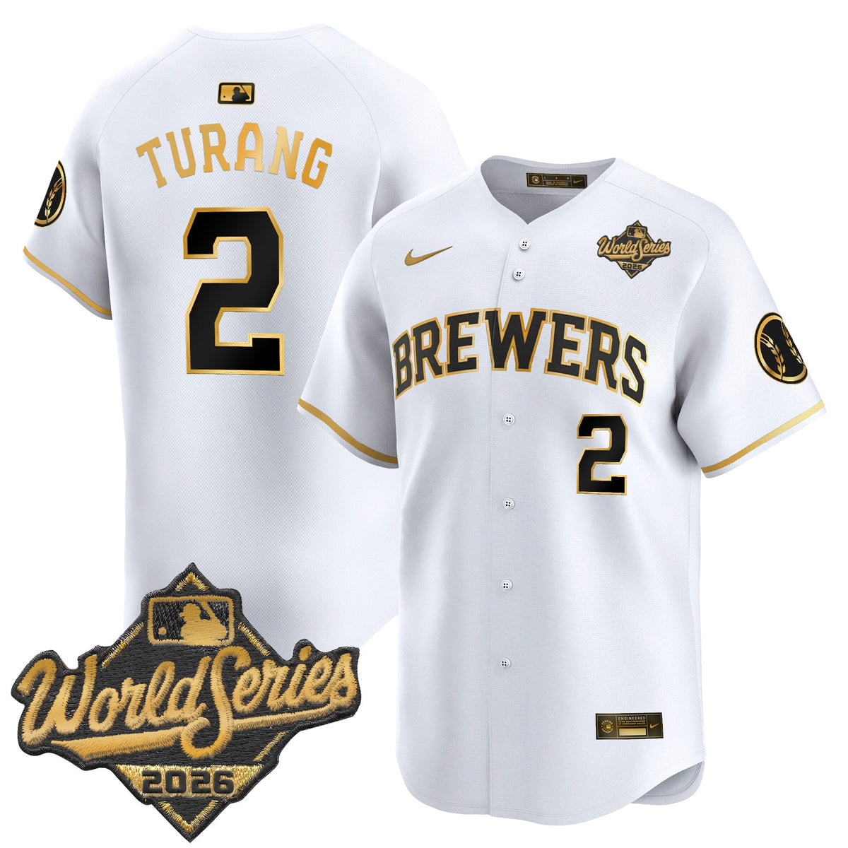 Men's Milwaukee Brewers 2026 World Series Vapor Premier Limited Jersey V2 - All Stitched - White Gold - Brice Turang