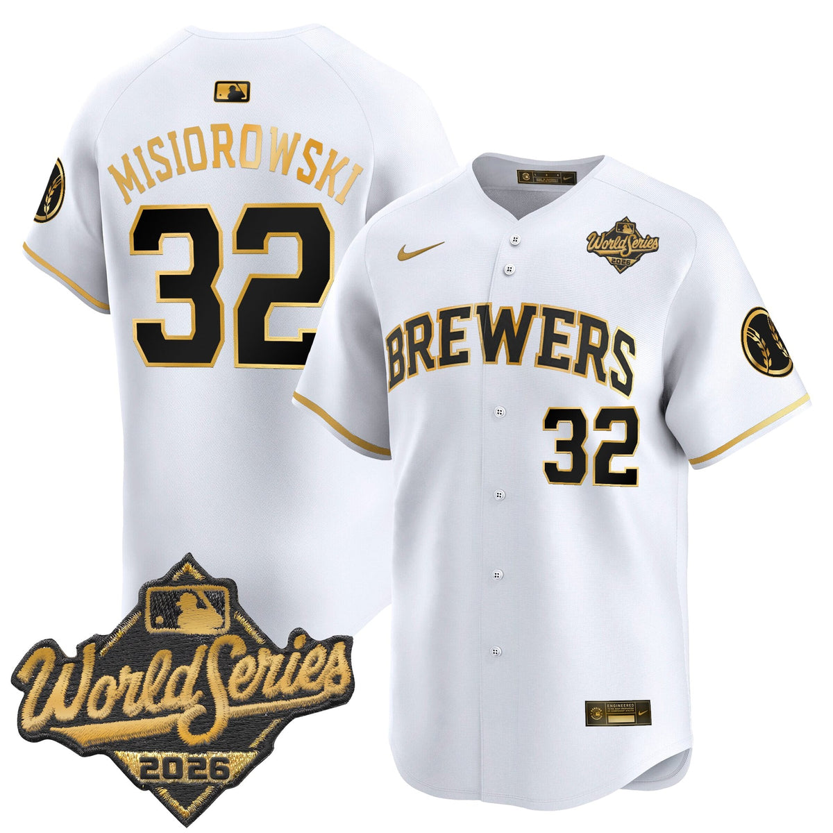 Men's Milwaukee Brewers 2026 World Series Vapor Premier Limited Jersey V2 - All Stitched - White Gold - Jacob Misiorowski