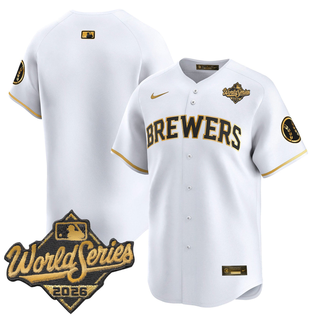 Men's Milwaukee Brewers 2026 World Series Vapor Premier Limited Jersey V2 - All Stitched - White Gold - Team