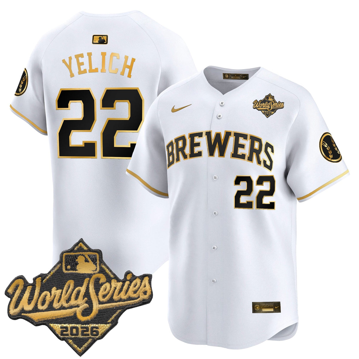 Men's Milwaukee Brewers 2026 World Series Vapor Premier Limited Jersey V2 - All Stitched - White Gold - Christian Yelich