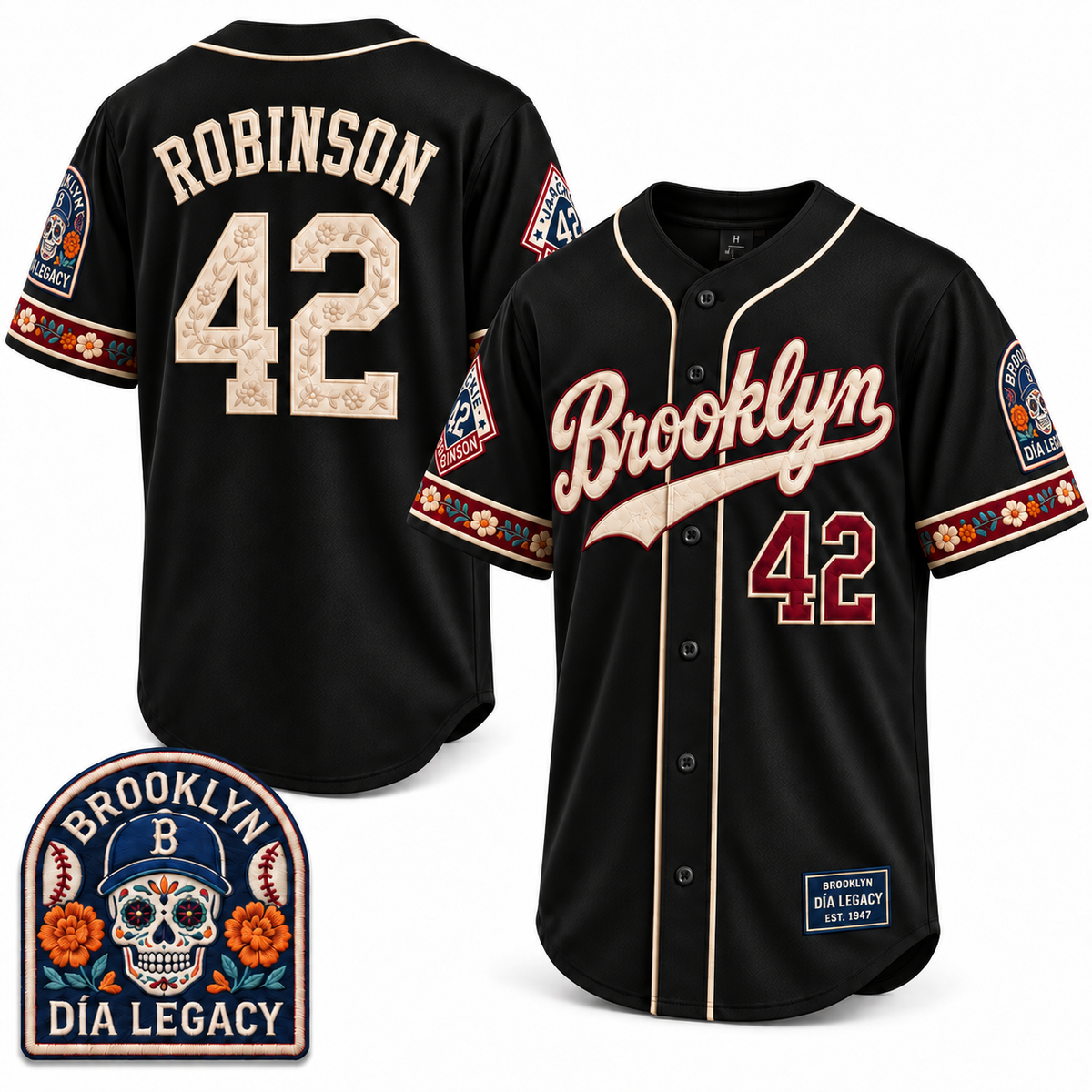 Brooklyn Día Heritage 42 Legacy Black Baseball Jersey - All Stitched