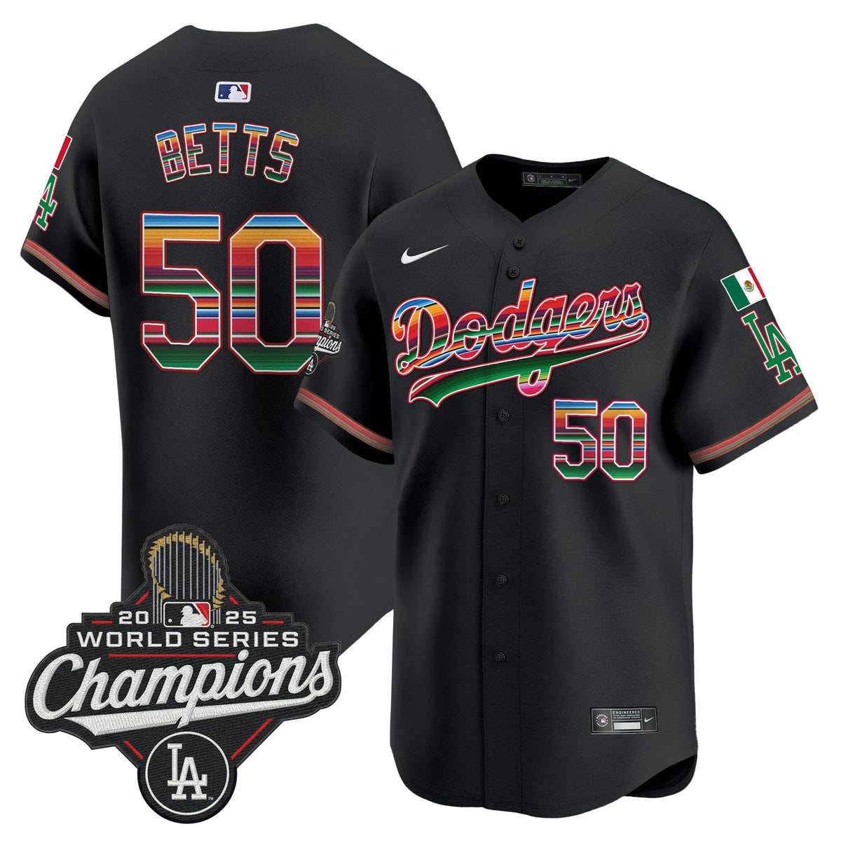 Men's Dodgers Mexico 2025 World Series Champions Black Jersey