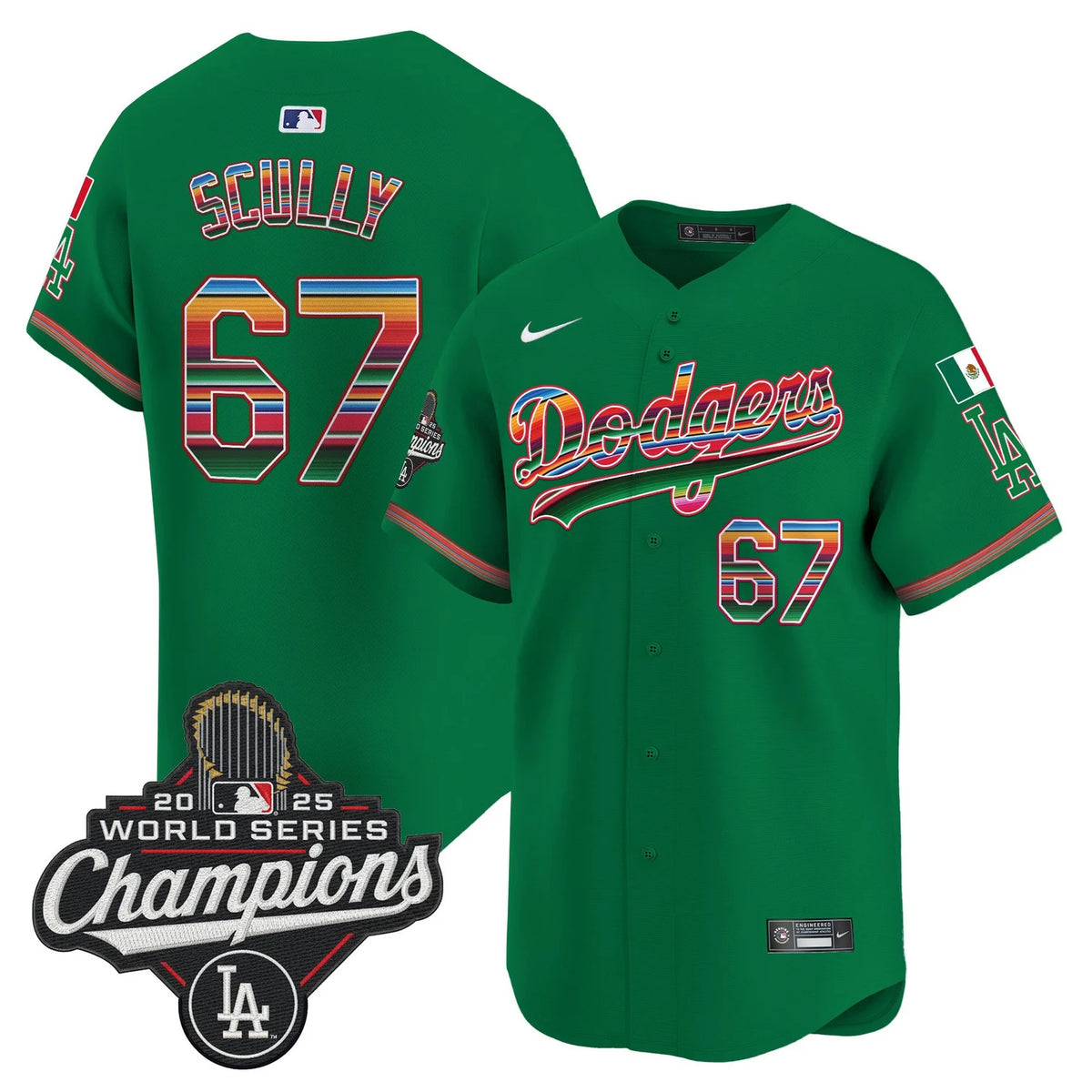 Dodgers Mexico 2025 World Series Champions Green Basdeball Jersey
