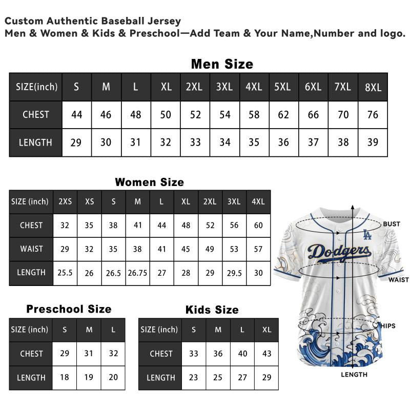 Los Angeles Wave Heritage Baseball Jersey - Size Chart